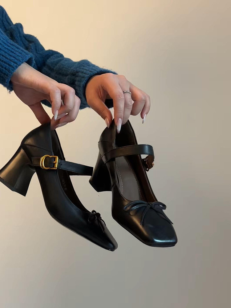 羊皮版~法式复古风蝴蝶结方头玛丽珍鞋女一字带粗跟浅口单鞋春季主图