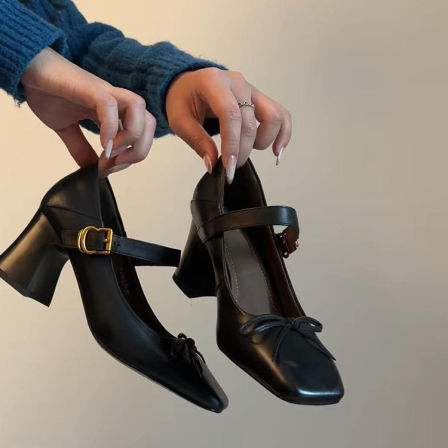 羊皮版~法式复古风蝴蝶结方头玛丽珍鞋女一字带粗跟浅口单鞋春季