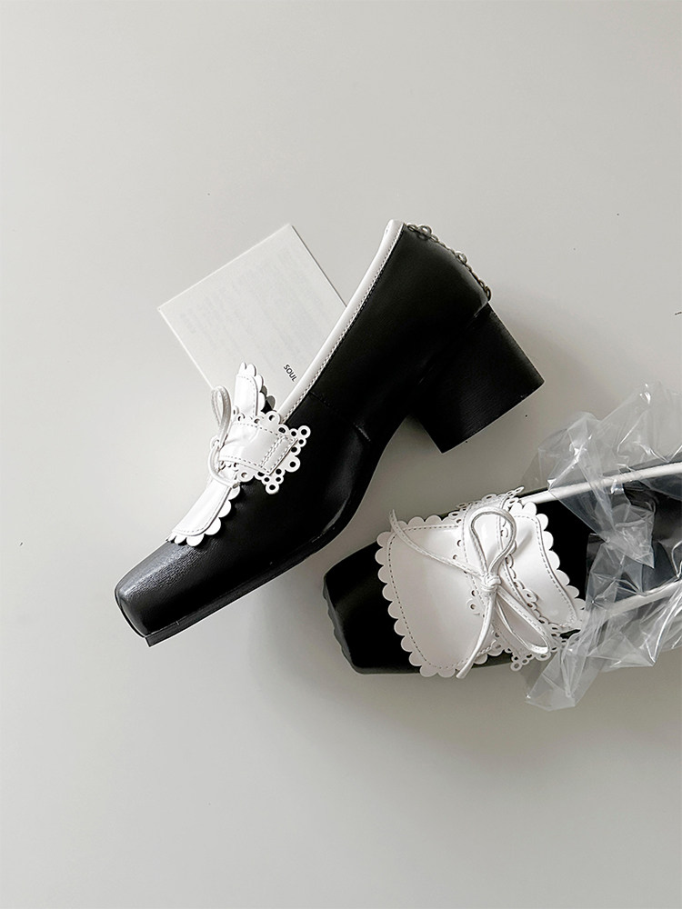 羊皮版~法式甜美温柔高跟芭蕾鞋女蝴蝶结一脚蹬花边小众方头单鞋主图
