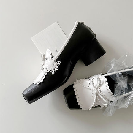 羊皮版~法式甜美温柔高跟芭蕾鞋女蝴蝶结一脚蹬花边小众方头单鞋