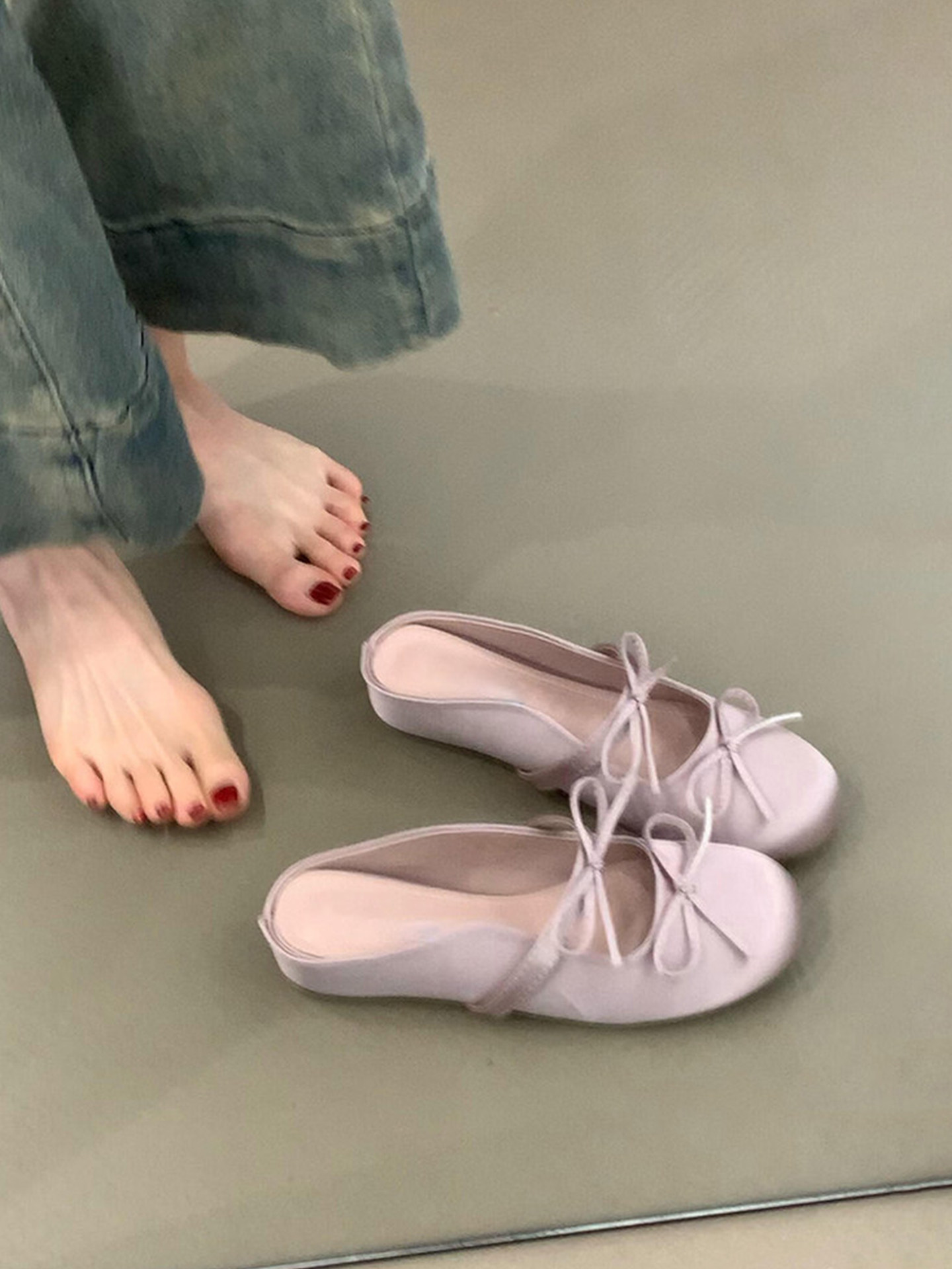 Wheat house ~！温柔甜美蝴蝶结内增高包头凉鞋女一脚蹬穆勒半拖主图