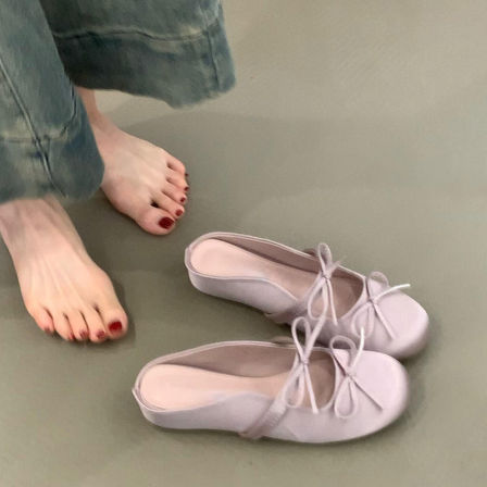 Wheat house ~！温柔甜美蝴蝶结内增高包头凉鞋女一脚蹬穆勒半拖