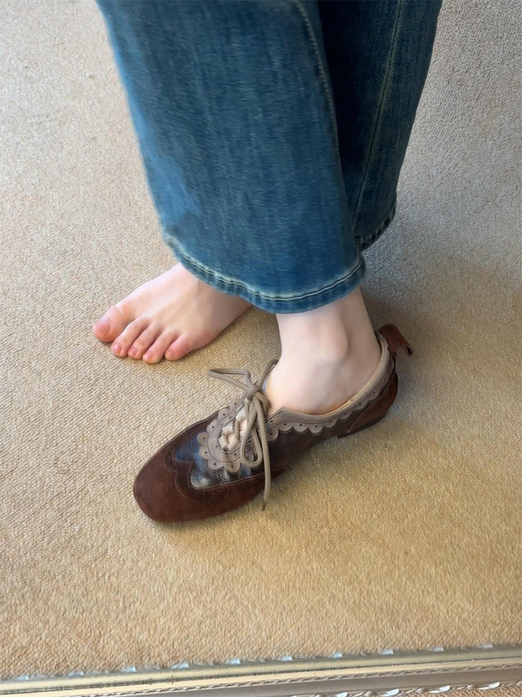 羊皮版~小众复古老钱风系带德训鞋女时尚百搭休闲平底轻便休闲鞋主图