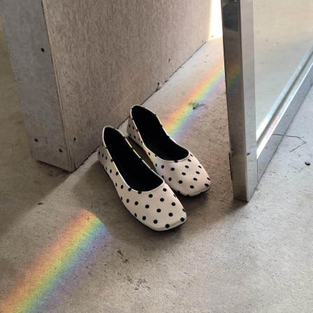 羊皮版~方头法式波点单鞋浅口配裙子平底鞋女百搭芭蕾舞鞋奶奶鞋