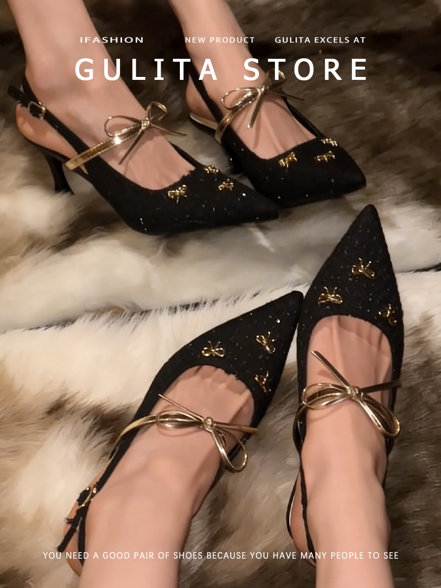 古莉塔高级感蝴蝶结法式尖头高跟鞋女细跟不累脚气质绝美包头凉鞋主图