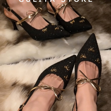 古莉塔高级感蝴蝶结法式尖头高跟鞋女细跟不累脚气质绝美包头凉鞋