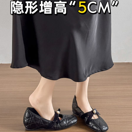 羊皮版~5cm内增高单鞋女2026新款一字带珍珠菱格小香风玛丽珍鞋