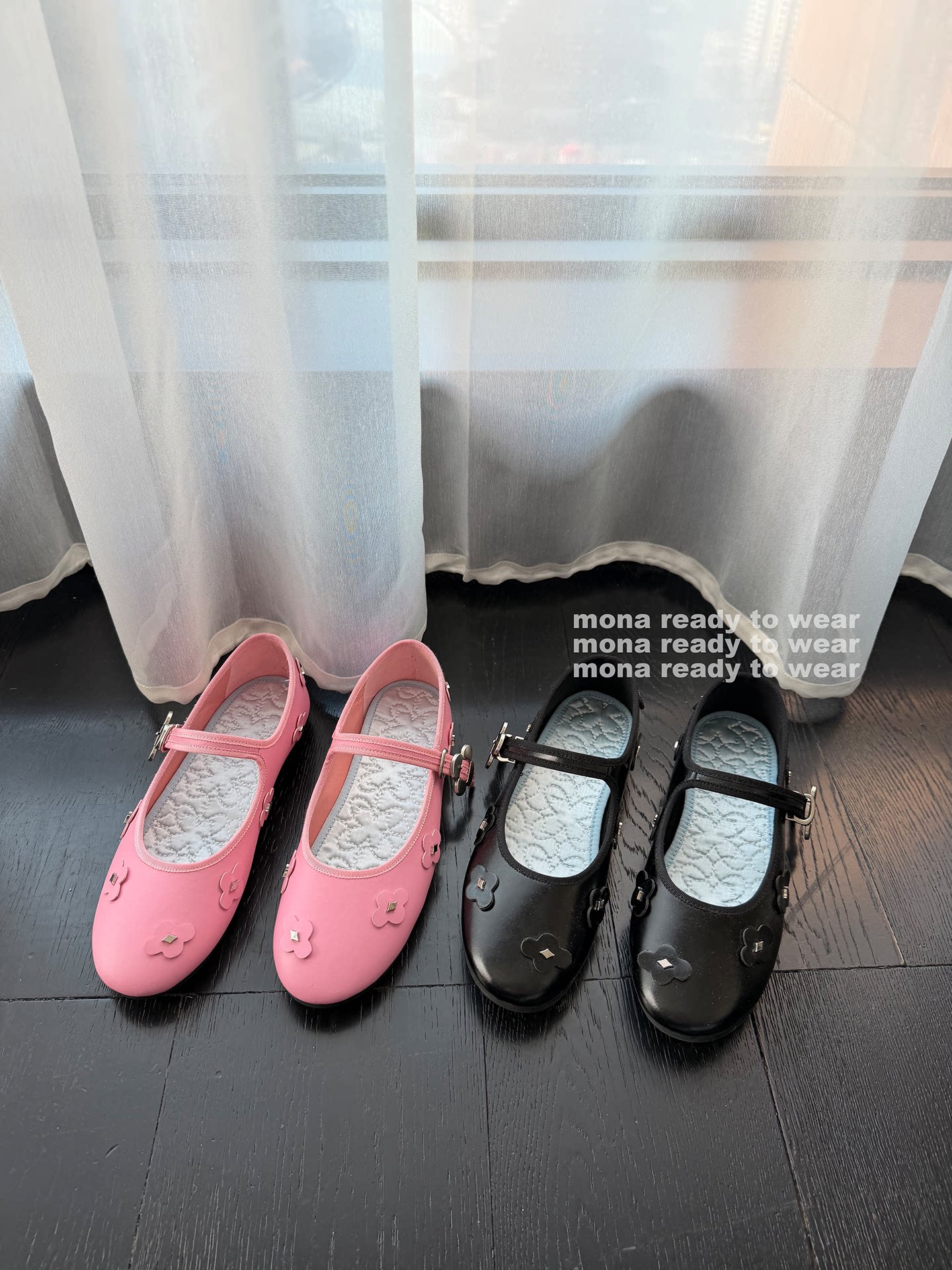 MONARTW 平底鞋玛丽珍鞋女 花朵设计气质 粉色黑色单鞋配裙子新款主图
