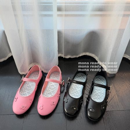 MONARTW 平底鞋玛丽珍鞋女 花朵设计气质 粉色黑色单鞋配裙子新款