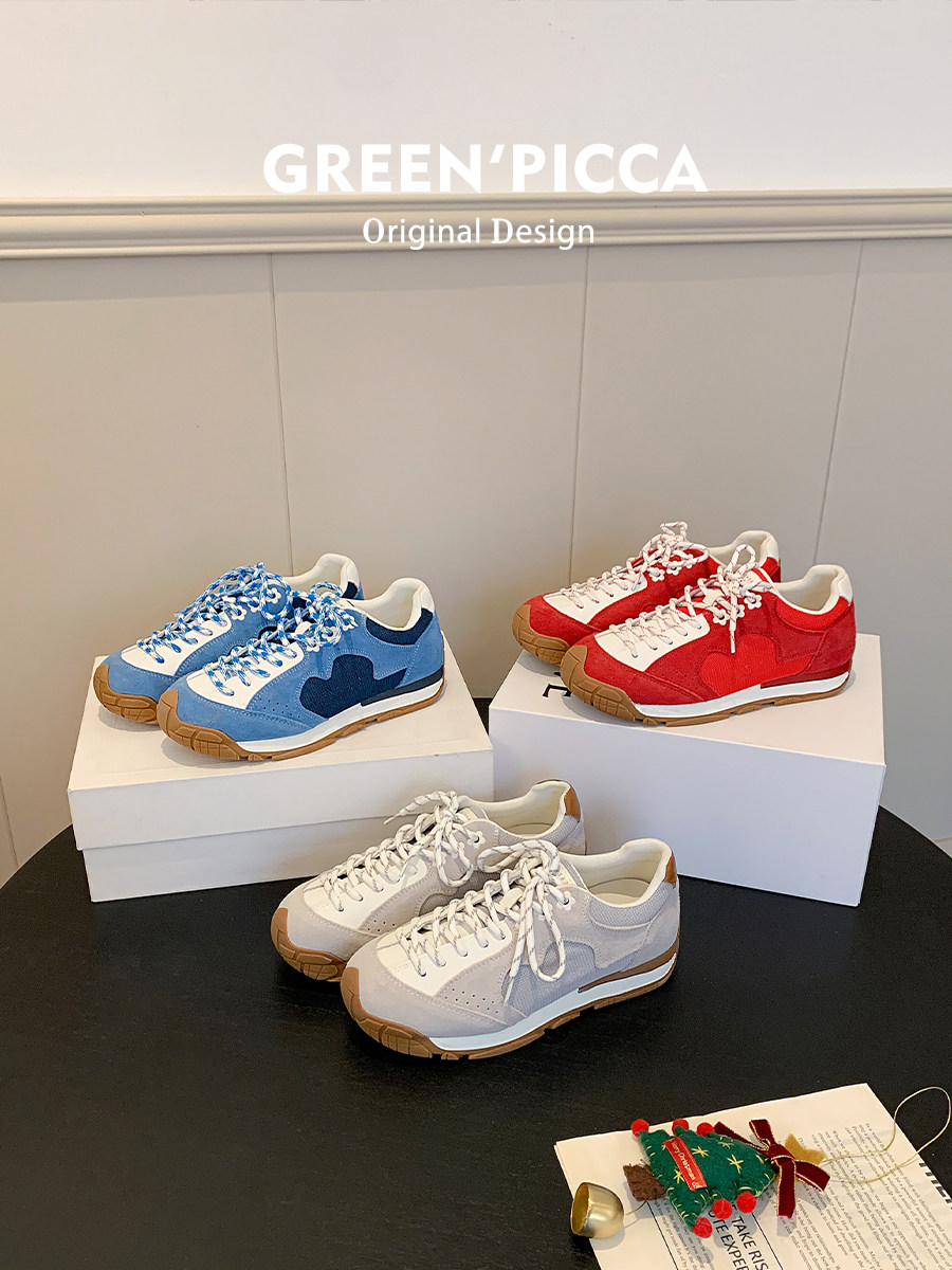 增高7CM 真皮复古德训鞋女2026新款流浪小花运动休闲鞋厚底阿甘鞋主图