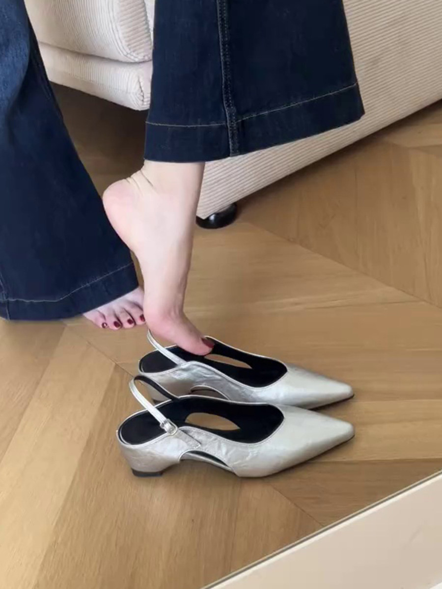 羊皮版~法式气质内增高包头凉鞋后空百搭浅口一字扣带尖头单鞋女主图