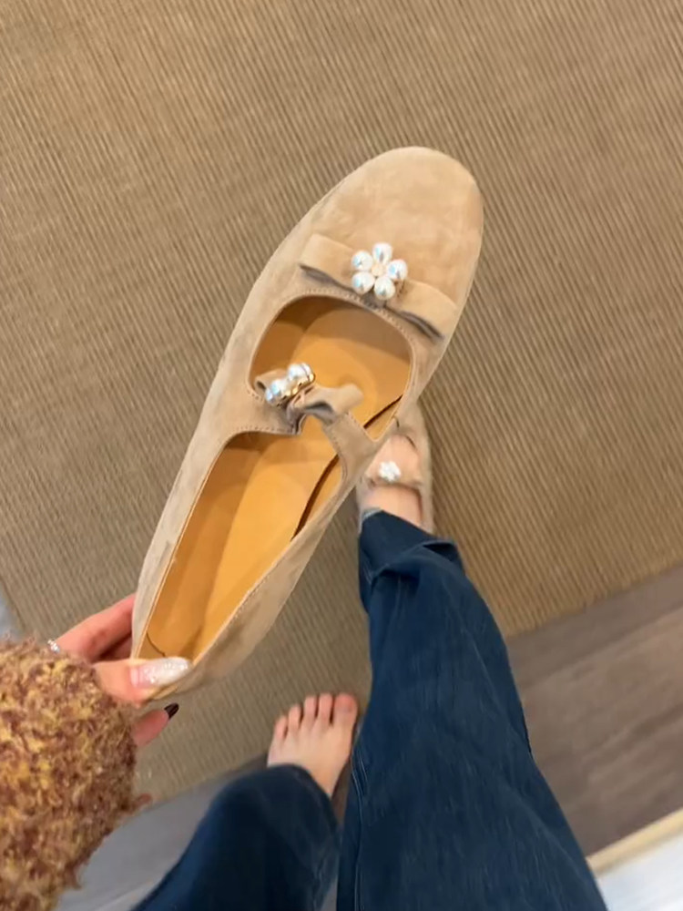 羊皮版~仙女风温柔一字带蝴蝶结珍珠花朵圆头玛丽珍鞋女平底单鞋主图