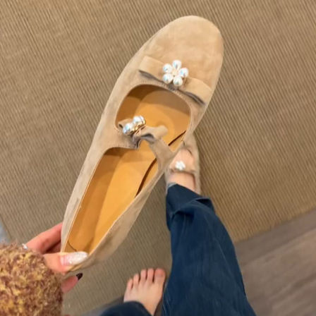 羊皮版~仙女风温柔一字带蝴蝶结珍珠花朵圆头玛丽珍鞋女平底单鞋