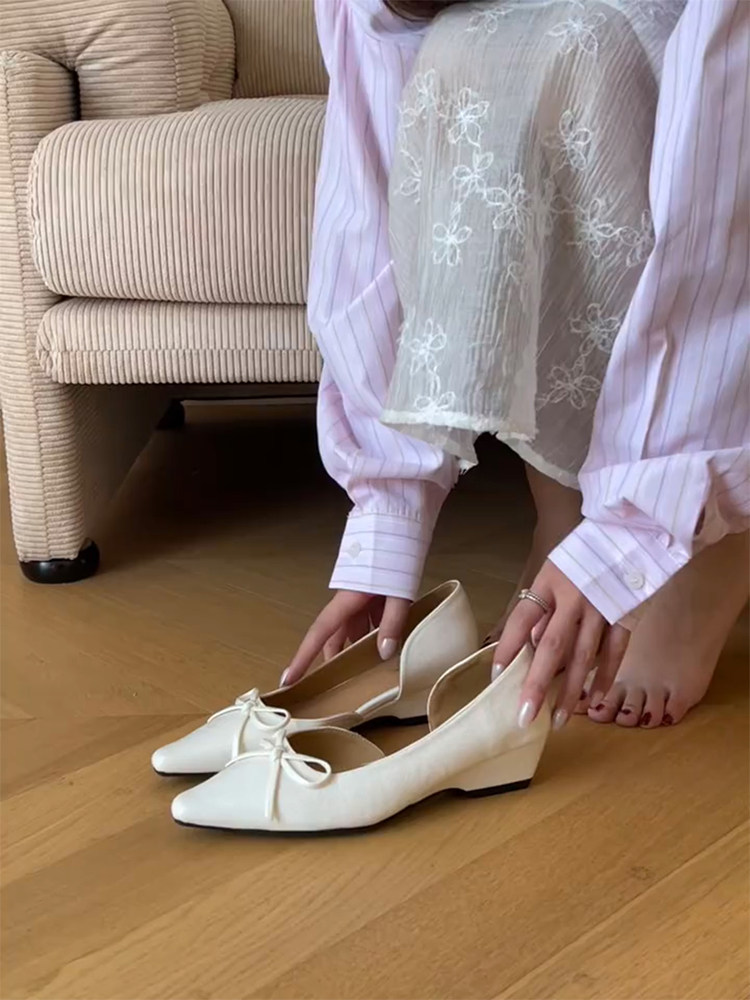 羊皮版~法式侧空一脚蹬尖头单鞋女真皮蝴蝶结温柔百搭配裙子女鞋主图