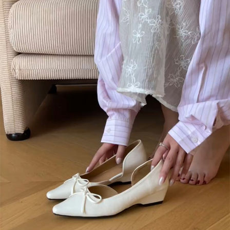 羊皮版~法式侧空一脚蹬尖头单鞋女真皮蝴蝶结温柔百搭配裙子女鞋