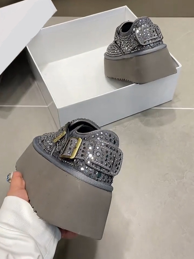 羊皮版！勃肯鞋女潮酷时髦灰色圆头水钻满钻皮带扣一脚蹬深口单鞋主图