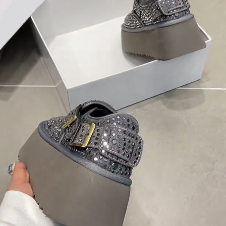 羊皮版！勃肯鞋女潮酷时髦灰色圆头水钻满钻皮带扣一脚蹬深口单鞋