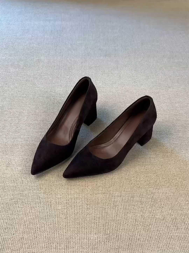 羊皮版~复古风气质尖头高跟鞋女简约绒面不累脚时尚外穿优雅单鞋主图
