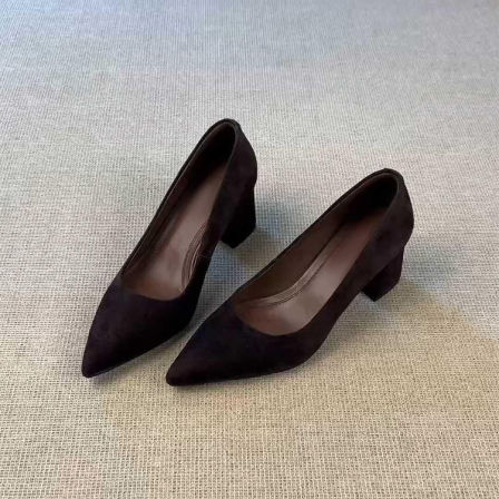 羊皮版~复古风气质尖头高跟鞋女简约绒面不累脚时尚外穿优雅单鞋