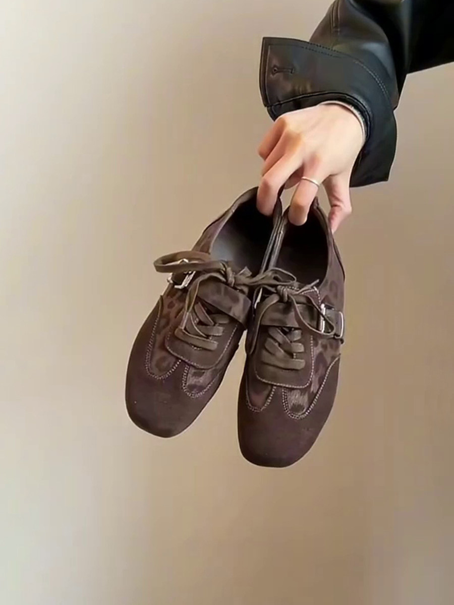 牛皮版~复古豹纹拼接德训鞋皮带扣系带阿甘鞋女百搭平底休闲板鞋主图