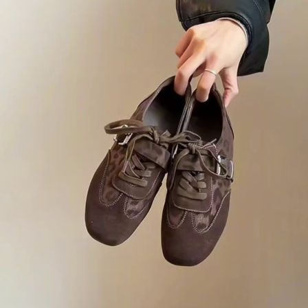 牛皮版~复古豹纹拼接德训鞋皮带扣系带阿甘鞋女百搭平底休闲板鞋