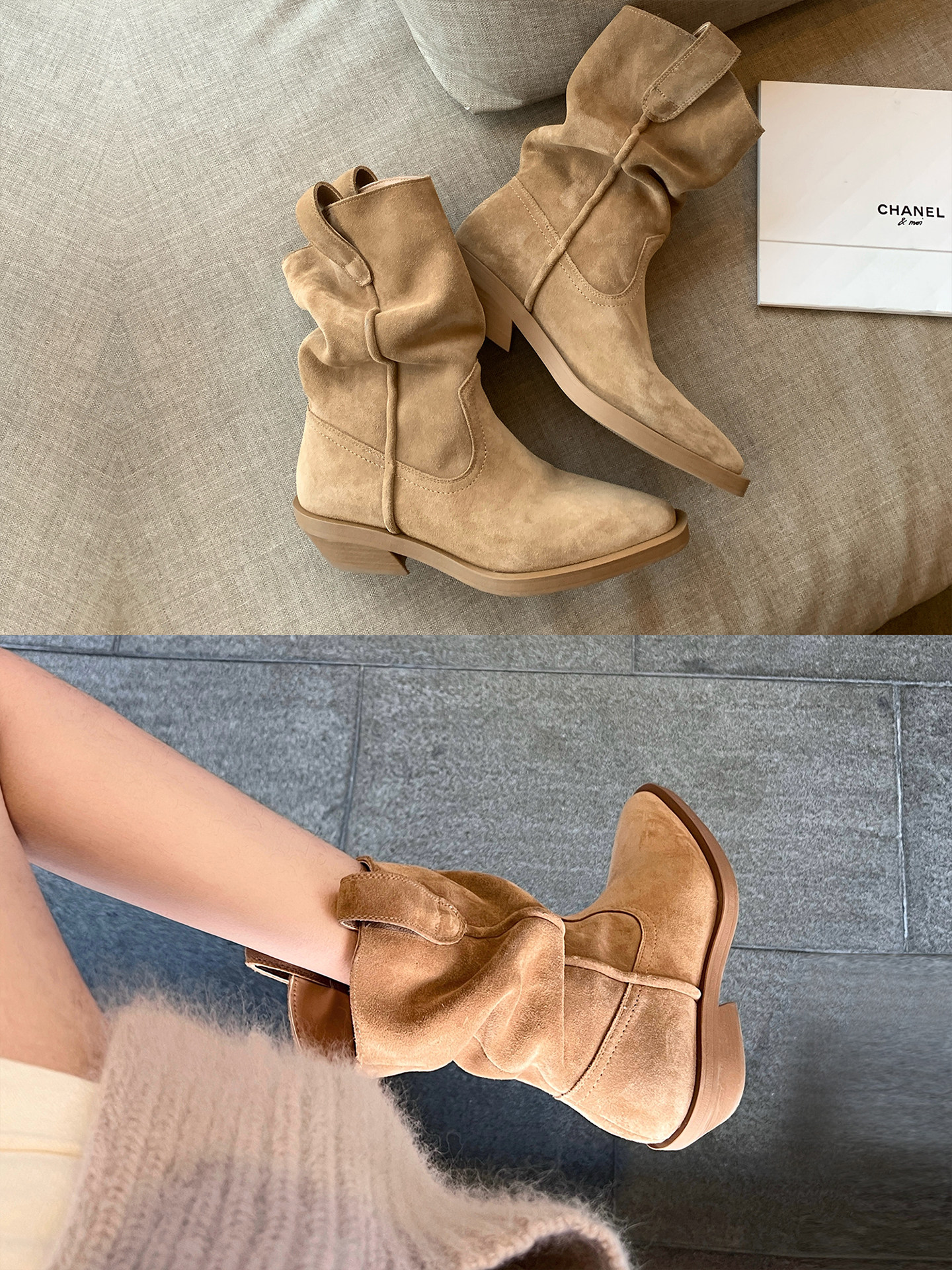 \"露思堆堆靴\"许妍同款!牛皮鞋面+羊皮垫显高显腿长时壁尖头堆堆靴主图