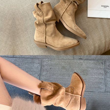 \"露思堆堆靴\"许妍同款!牛皮鞋面+羊皮垫显高显腿长时壁尖头堆堆靴