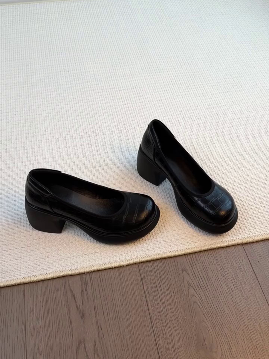 羊皮版~粗跟百搭圆头玛丽珍简约小个子女款高跟鞋显瘦时尚单鞋子主图