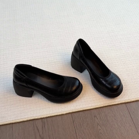 羊皮版~粗跟百搭圆头玛丽珍简约小个子女款高跟鞋显瘦时尚单鞋子