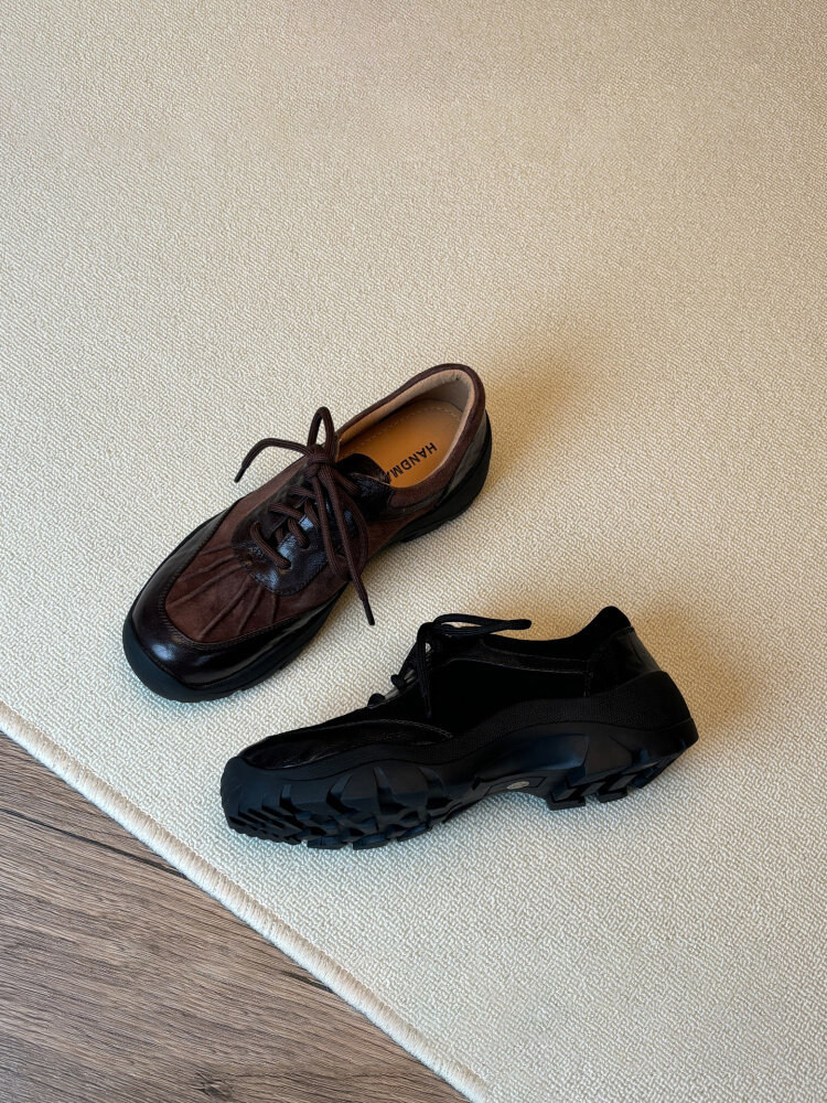 HoneyRain~复古厚底休闲德训鞋女圆头拼接百搭运动风系带乐福单鞋主图