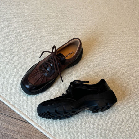 HoneyRain~复古厚底休闲德训鞋女圆头拼接百搭运动风系带乐福单鞋