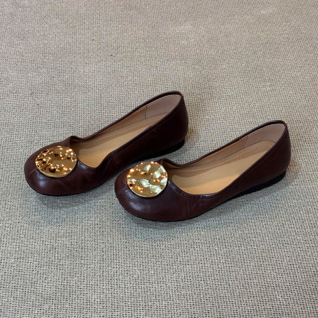 羊皮版~金属圆扣舒适软底百搭浅口单鞋女通勤不累脚时尚玛丽珍鞋