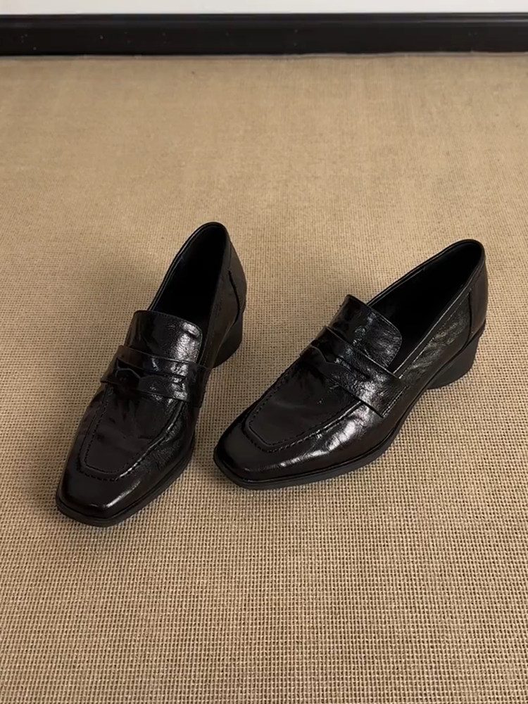 羊皮版~水洗皮一脚蹬懒人复古风小皮鞋女方头中跟外穿极简乐福鞋主图