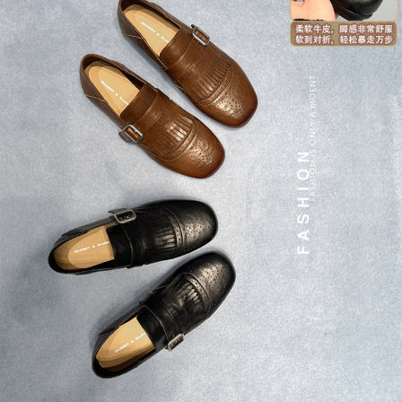 【柔软牛皮】大叔家真皮软底乐福鞋女2026新款英伦风复古平跟单鞋