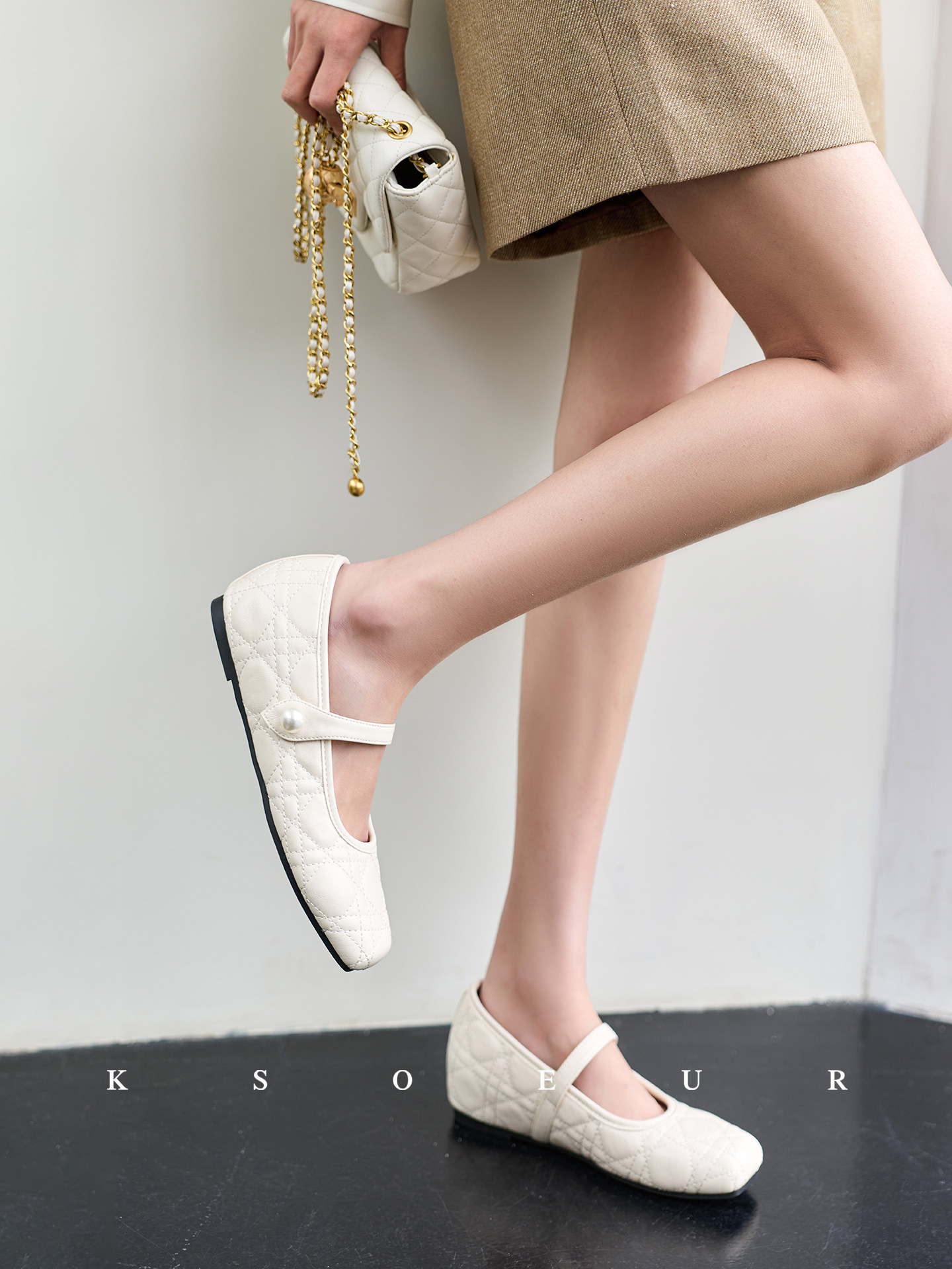 K姐 【藤格纹珍珠玛丽珍】羊皮鞋垫内增高方头增高玛丽珍单鞋主图