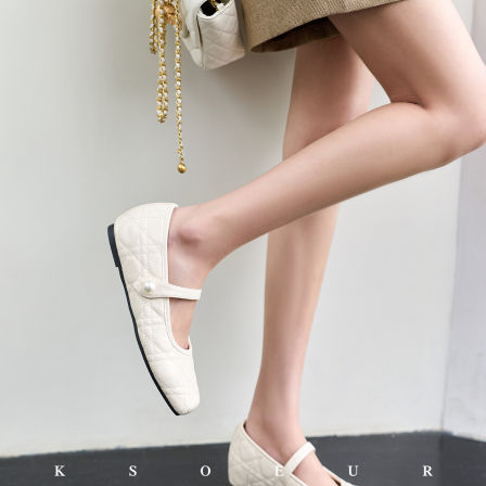 K姐 【藤格纹珍珠玛丽珍】羊皮鞋垫内增高方头增高玛丽珍单鞋