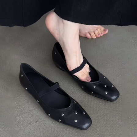 羊皮版~小众设计方头一字带内增高小个子百搭显瘦芭蕾风浅口单鞋