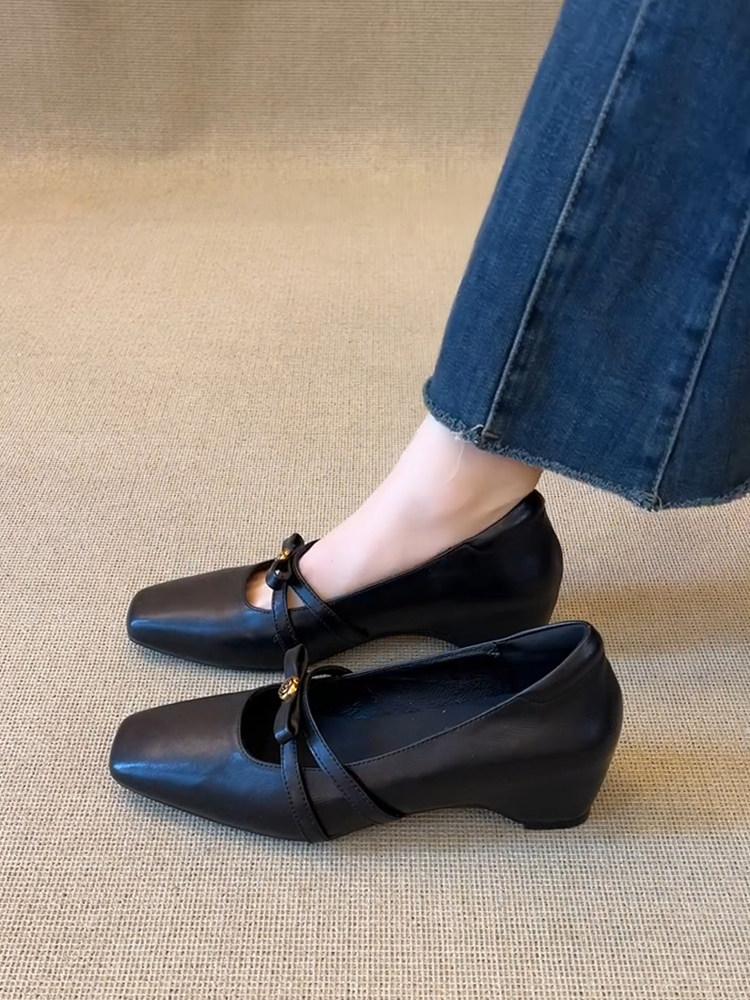 羊皮版~小众山茶花文艺复古内增高浅口单鞋女方头显瘦时尚小皮鞋主图