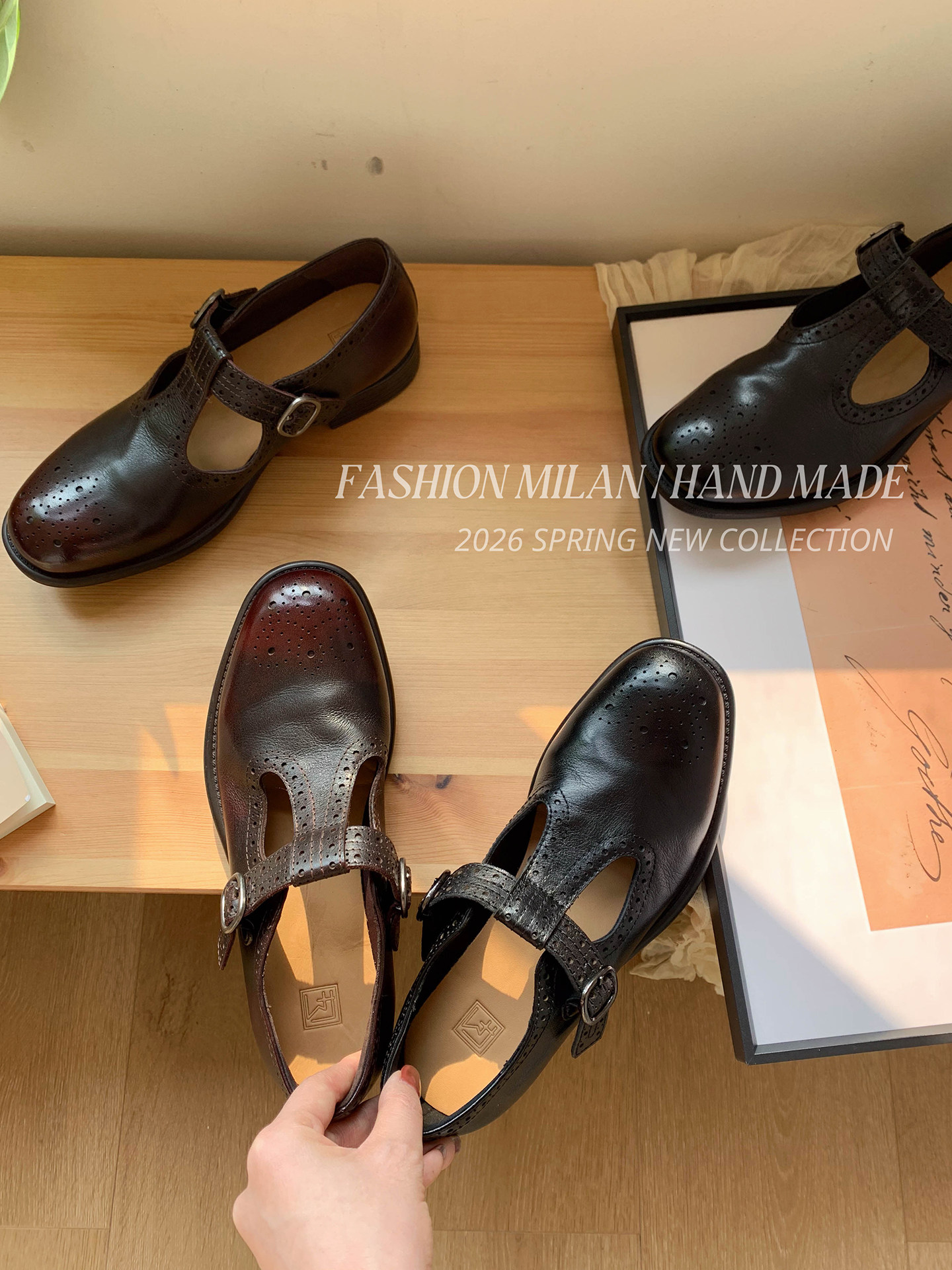 F.M手工布洛克雕花玛丽珍乐福鞋鞋女黑色真皮T字带粗跟百搭小皮鞋主图