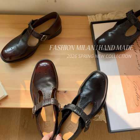 F.M手工布洛克雕花玛丽珍乐福鞋鞋女黑色真皮T字带粗跟百搭小皮鞋