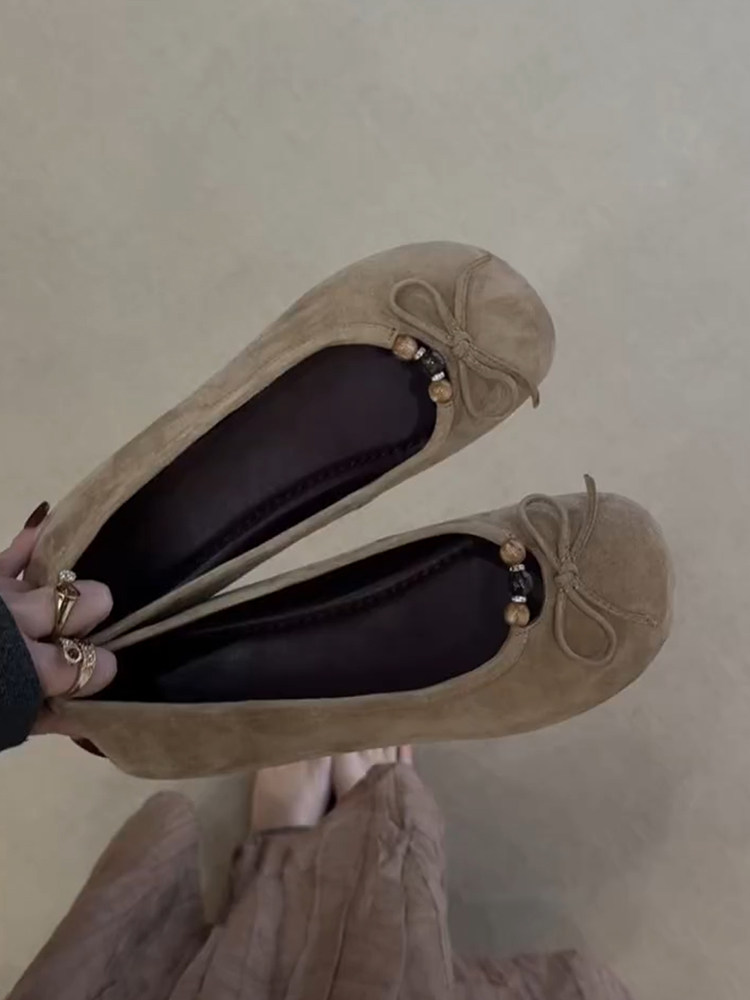 羊皮版~新款绒面简约一脚蹬单鞋复古休闲奶奶鞋法式蝴蝶结芭蕾鞋主图