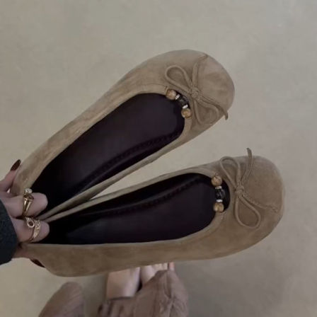 羊皮版~新款绒面简约一脚蹬单鞋复古休闲奶奶鞋法式蝴蝶结芭蕾鞋