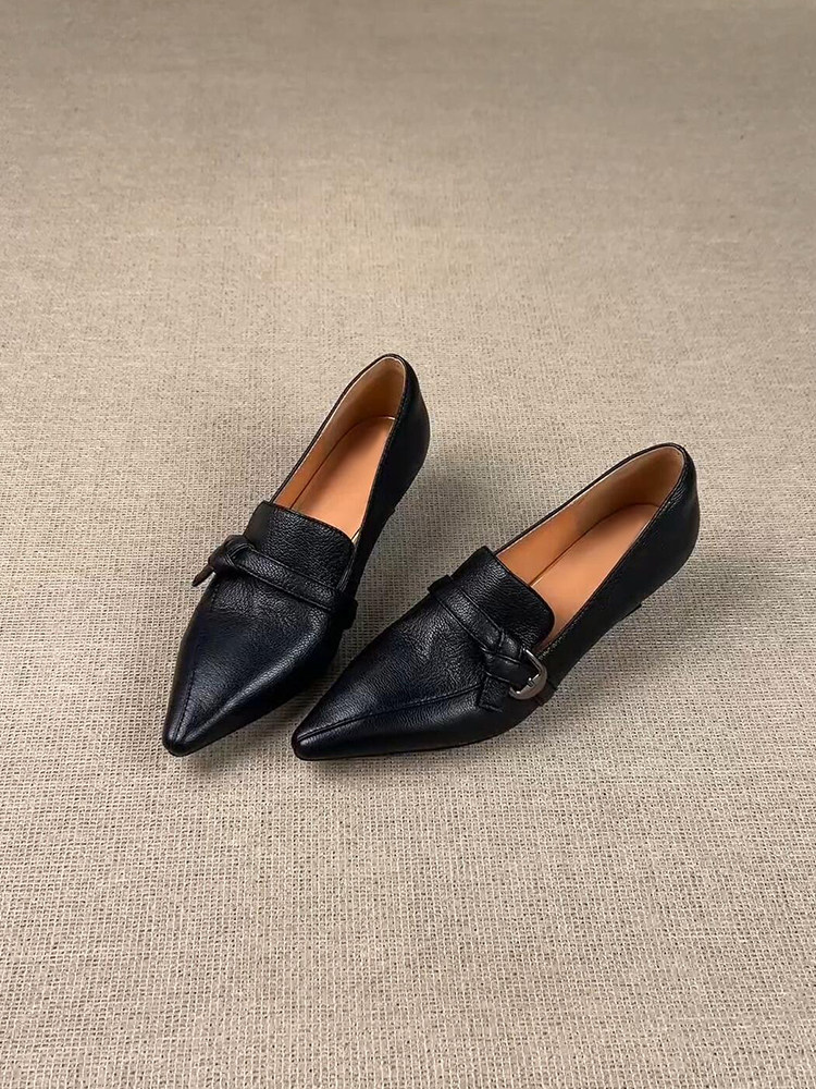 羊皮版~法式黑色小高跟乐福鞋女真皮尖头一脚蹬不累脚气质小皮鞋主图