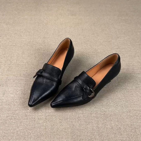 羊皮版~法式黑色小高跟乐福鞋女真皮尖头一脚蹬不累脚气质小皮鞋