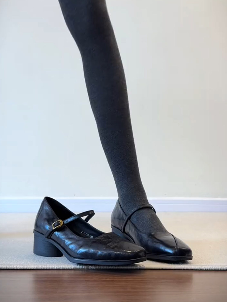 羊皮版~极简通勤时尚一字带玛丽珍鞋女英伦复古文艺百搭浅口单鞋主图