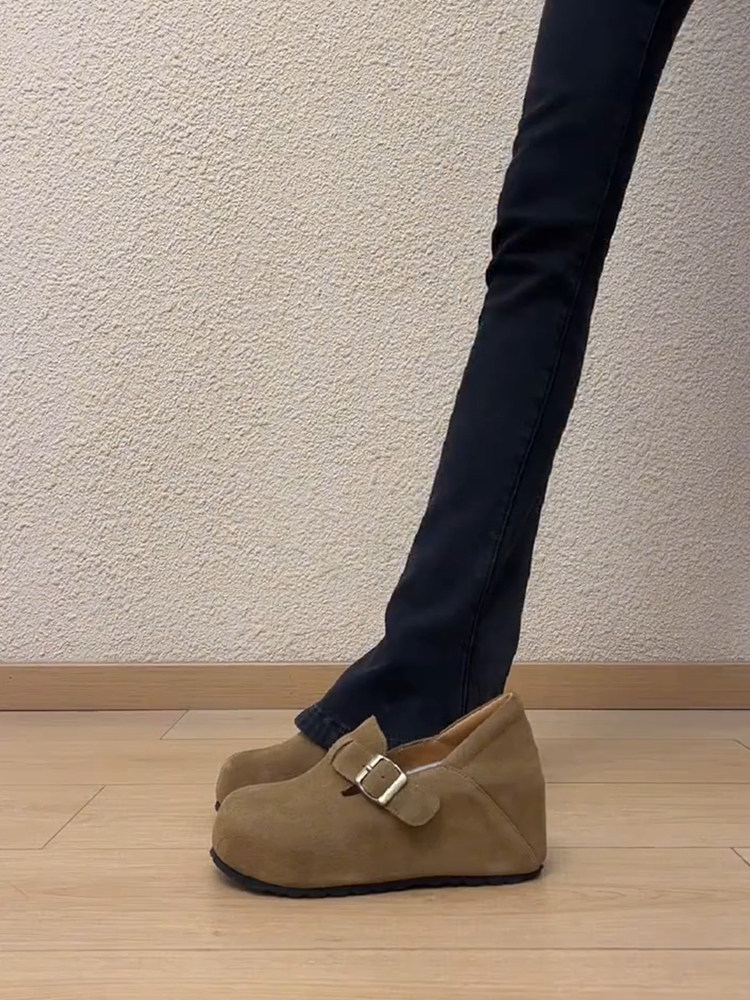 羊皮版~小个子圆头厚底不累脚勃肯鞋女内增高一脚蹬外穿深口单鞋主图