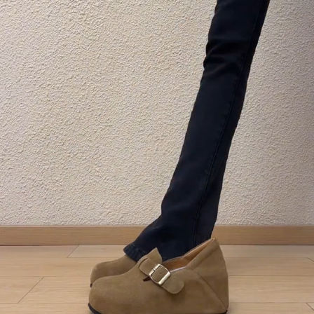 羊皮版~小个子圆头厚底不累脚勃肯鞋女内增高一脚蹬外穿深口单鞋