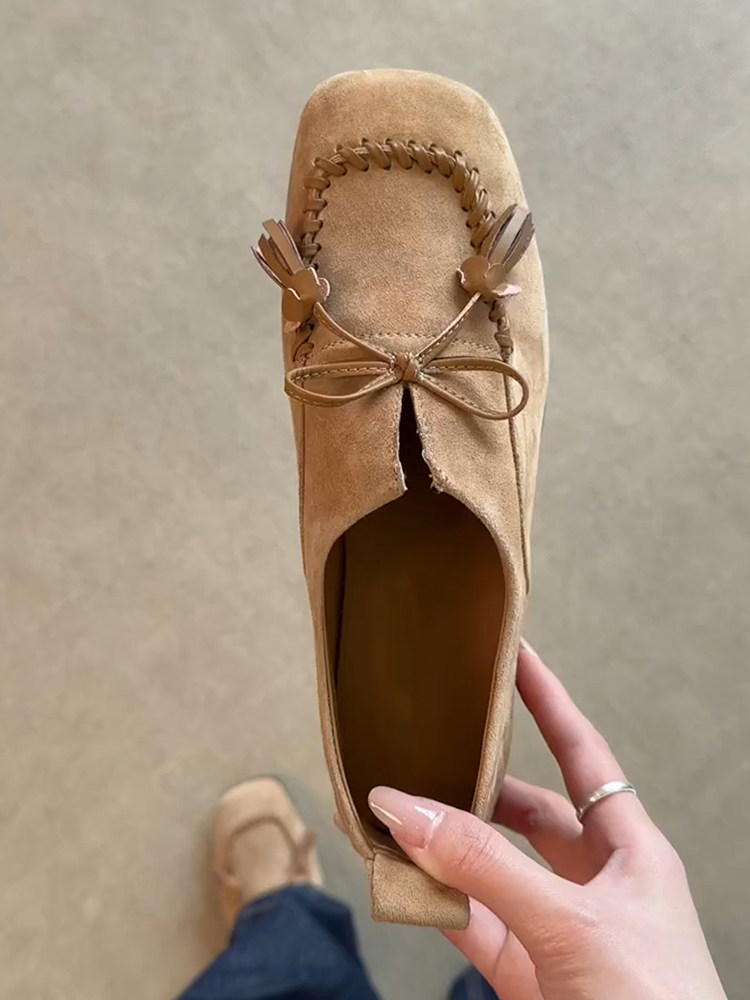 羊皮版~老钱风舒适软底蝴蝶结流苏平底乐福鞋女方头显瘦深口单鞋主图