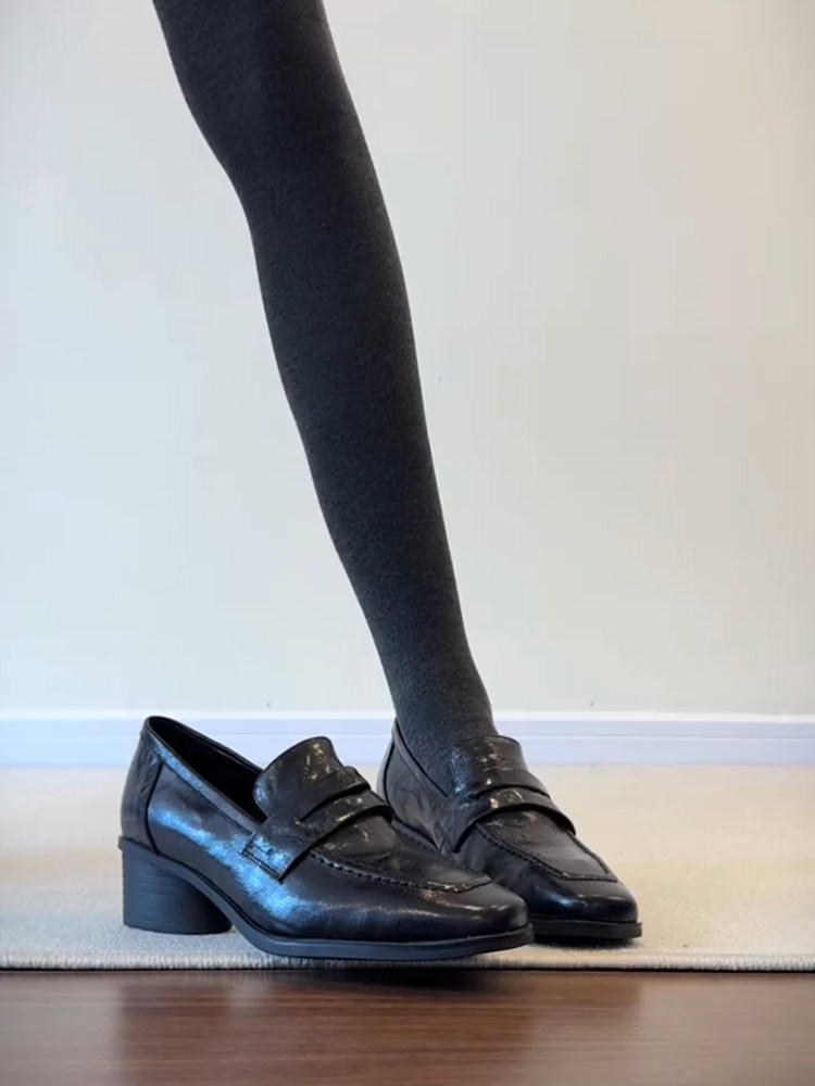 羊皮版~显瘦气质方头黑色小皮鞋女一脚蹬简约气质中跟懒人乐福鞋主图