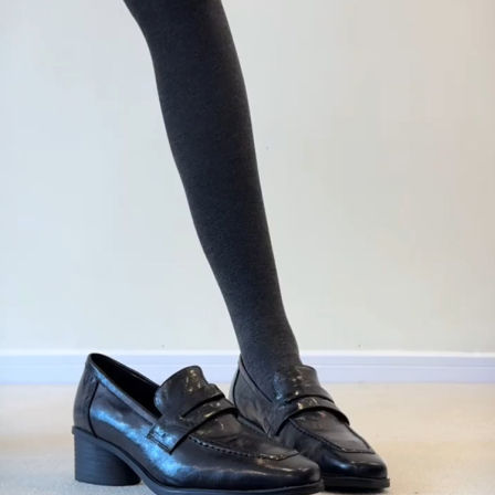 羊皮版~显瘦气质方头黑色小皮鞋女一脚蹬简约气质中跟懒人乐福鞋